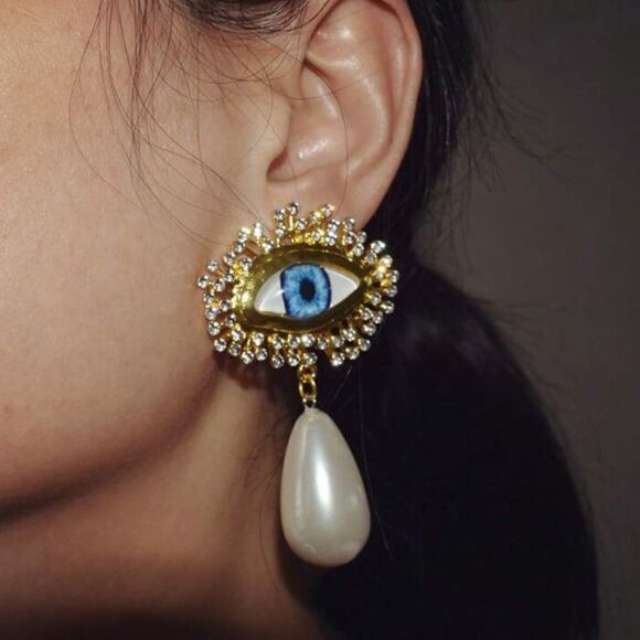 trendy evil eye pearl drop earrings A430 - Picture 1 of 4